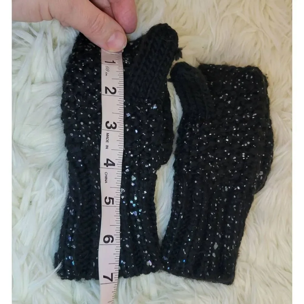 Old Navy Black Glitter Button Back Open Finger Mittens Acrylic Knit Child S-M Yo